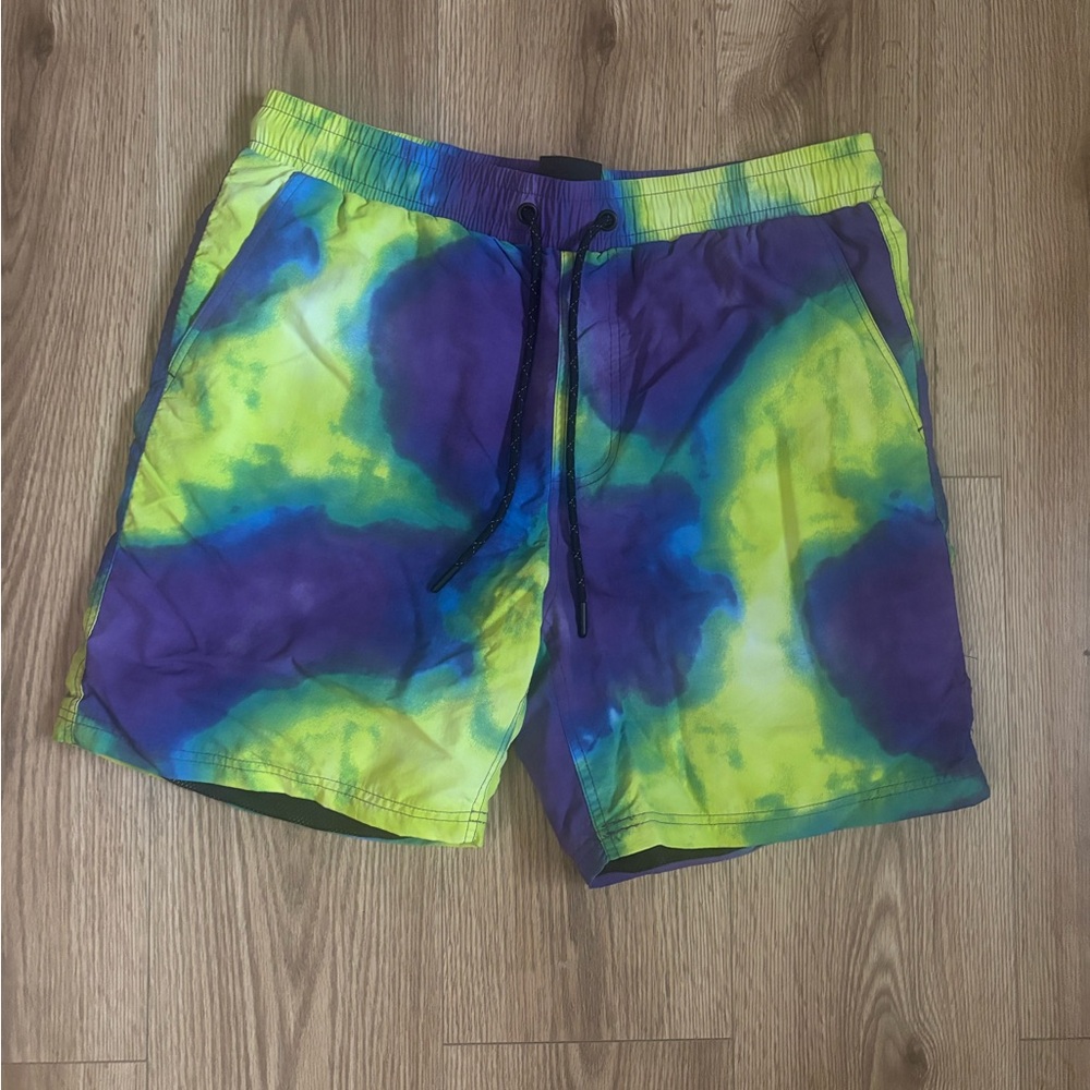 Purple and Yellow Board Shorts with Elastic Waist and Mid-Thigh Length